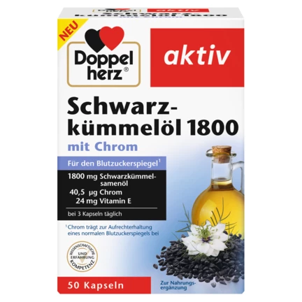 Abbildung der Produktverpackung Doppelherz aktiv Schwarzkümmelöl 1800 Frontansicht
